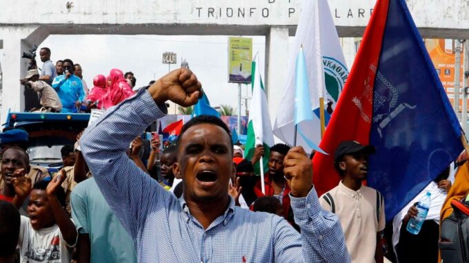 A Somali man reacts during a march against the Ethiopia-Somaliland port deal along KM4 street in Mogadishu, Somalia on January 11, 2024. PHOTO | REUTERS